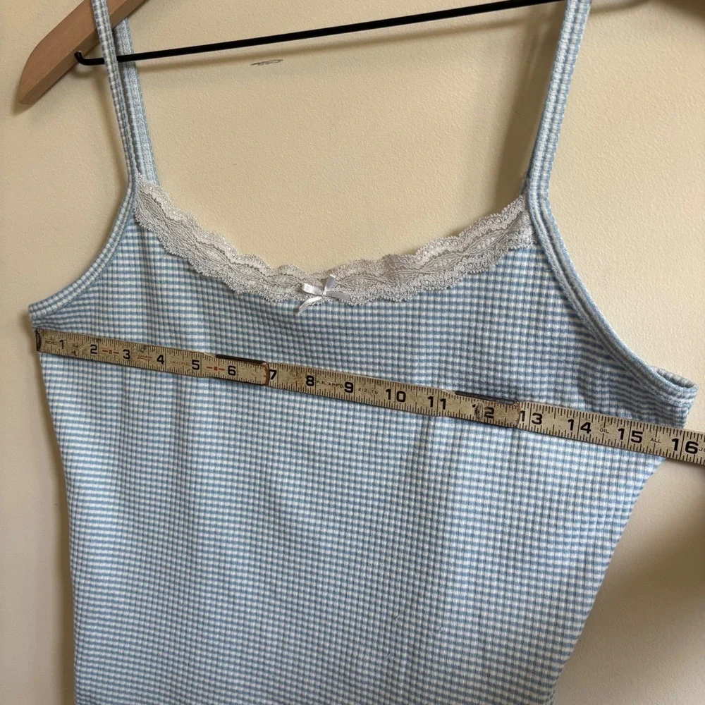 Heart & Hips Blue Gingham Lace Trim Cami Top Ribbed Coquette Bow Large